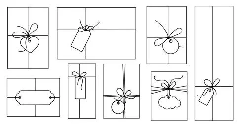 Gift box with bow and label tag on ribbon string vector silhouette icon set. Stock Illustration