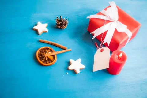 Gift box with bow and label Stock Photos