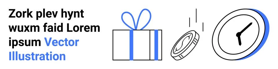 Gift Box with Bow, Falling Coin and Clock Illustrating Time and Value Concept Illustrazione stock