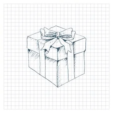 Gift Box with bow. Hand drawn picture in sketch style, isolated on checkered Stock Illustration