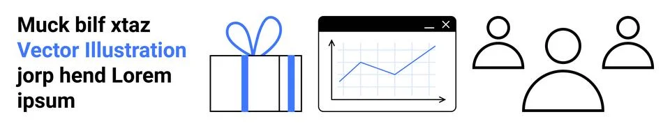 Gift box with bow, line chart in browser window, and three simplistic person  Stock Illustration