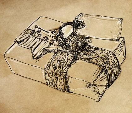 Gift box with bow on old paper background. Hand drawn illustration. Stock Illustration
