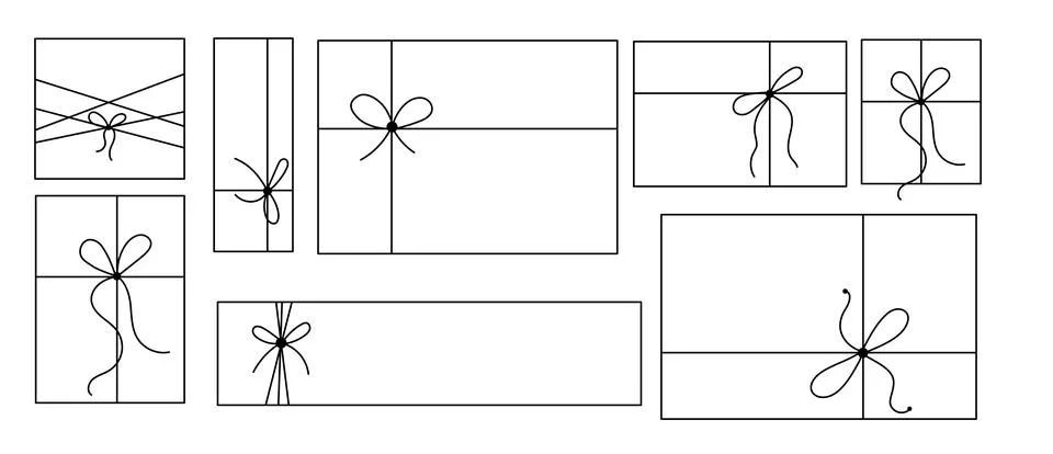 Gift box with bow on ribbon string vector silhouette icon set. Stock Illustration
