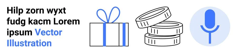 Gift box with bow, stack of coins, microphone icon in blue circle. Ideal for  Illustrazione stock