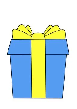 Gift box. A bright drawn gift box in blue and yellow colors on a white Stock Illustration