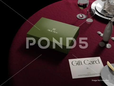 Gift Box with Business Card Mockup 3D Rendering on a Dining Table Restaurant PSD Template