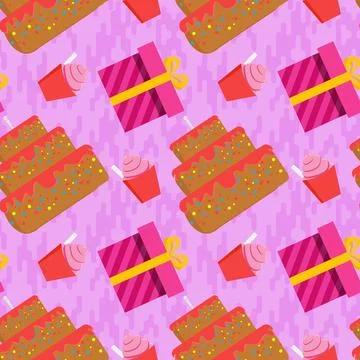 Gift box cake and ice cream in seamless pattern. Stock Illustration