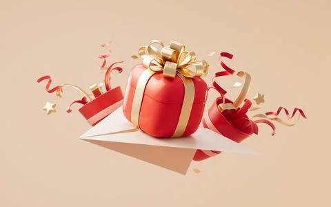 Gift box with celebrating elements, 3d rendering. Stock Photos