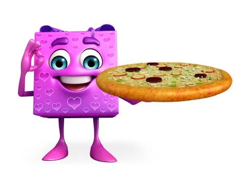 Gift box character with pizza Stock Illustration