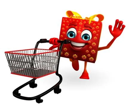 Gift box character with trolley Stock Illustration