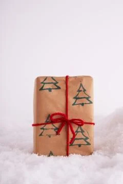 Gift box with Christmas trees pattern and a red ribbon in the snow Stock Photos