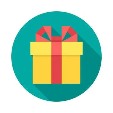 Gift box circle icon with long shadow. Flat design style. Illustrazione stock