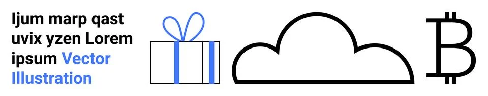 Gift box, cloud, and Bitcoin symbol with sample text in bold sans-serif font Stock Illustration