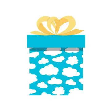 Gift box with clouds. Blue present box with clouds and big yellow bow. Flat Stock Illustration