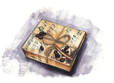 Gift box with coffee, rope, cinnamon, lemon, notes on white background Stock Illustration