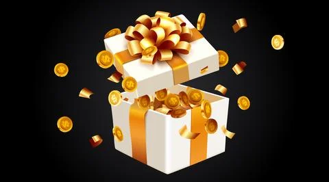Gift box with coin explosion. Big win concept. Stock Illustration