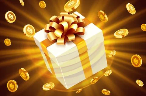 Gift box with coin explosion. Big win concept. Stock Illustration