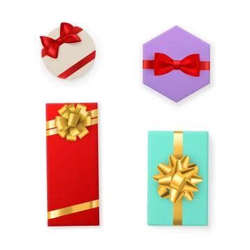 Gift box. Color boxes with red and gold ribbon bow, presents different forms top Stock Illustration