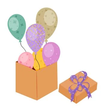 Gift box with colorful balloons, Vector illustration. Stock Illustration