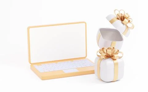 Gift box with computer, 3d rendering. Stock-Illustration