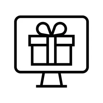 Gift box on computer screen, line style icon Stock-Illustration