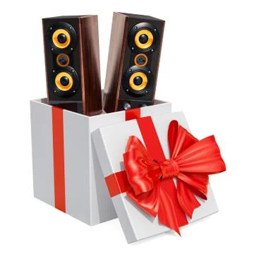 Gift box with computer speakers, 3D rendering Stock Illustration