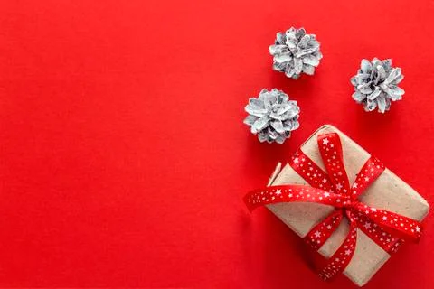 Gift box with a cones on a red background. Christmas background. Space for te Stock Photos