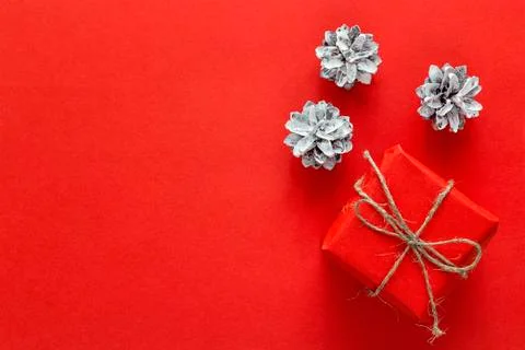 Gift box with a cones on a red background. Christmas background. Top view. Stock Photos