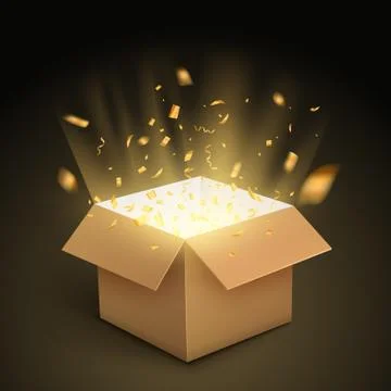 Gift box confetti explosion. Magic open surprise gift box package decoration Stock Illustration