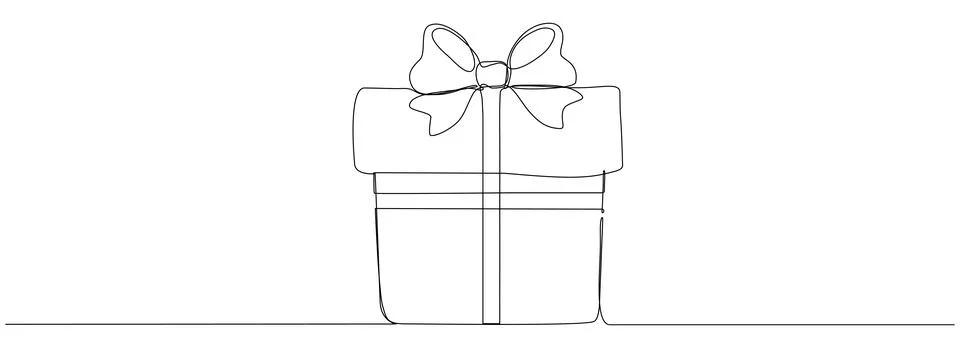 Gift box continuous line art drawing. One line present with ribbon bow. Stock Illustration
