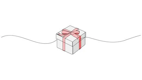 Gift box continuous line drawing. One line present with ribbon bow. Vector .. Ilustración de archivo