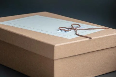 Gift box on a dark contrasted background, decorated with a textured bow Stock Photos