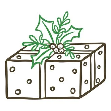 Gift box decorated mistletoe berries with leaves, vector doodle Happy New Year Stock Illustration