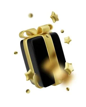 Gift box decorative festive object with golden bows and gold sequins confetti on Stock Illustration