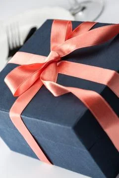 Gift box in a decorative red ribbon Stock Photos
