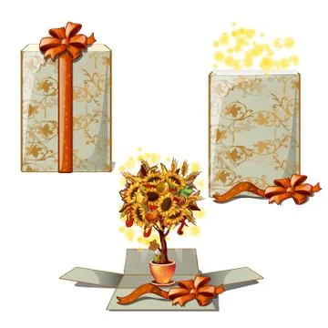 Gift box with a decorative tree. A gift for thanksgiving day isolated on white Stock Illustration