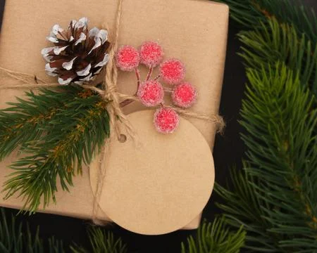Gift box with empty craft label, cone, fir twigs and berries Stock Photos