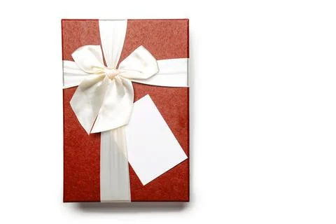 Gift box with empty white blank gift tag mock up. Christmas, birthday or wedding Stock Photos