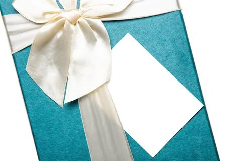 Gift box with empty white blank gift tag mock up. Christmas, birthday or wedding Stock Photos