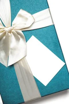 Gift box with empty white blank gift tag mock up. Christmas, birthday or wedding Stock Photos