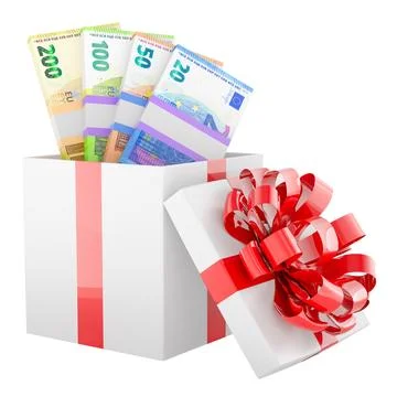 Gift box with euro banknotes inside, 3d rendering Stock Illustration
