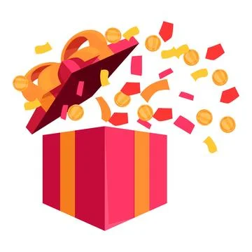 Gift box exploding with confetti and gold coins, winning concept イラスト素材