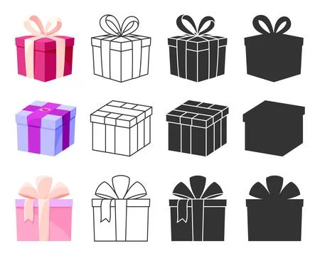 Gift box flat line silhouette stamp glyph set Stock Illustration