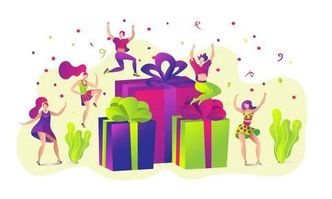 Gift box, flat present for happy man woman character concept, vector Stock Illustration
