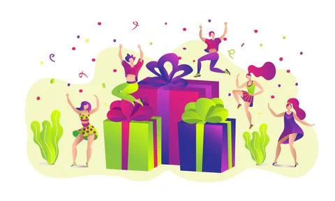 Gift box, flat present for happy man woman character concept, vector Stock Illustration