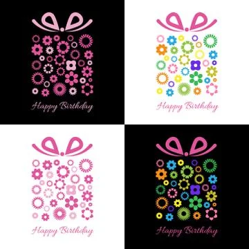 Gift box with floral pattern. Birthday Card with gift box and small flowers. Stock Illustration