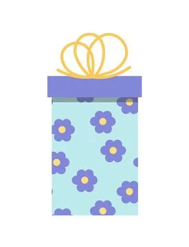 Gift box with flowers. Blue present box with flowers and yellow bow. Flat Stock Illustration