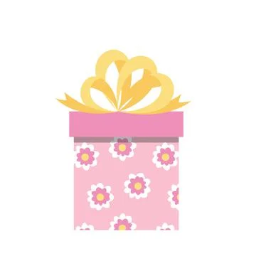 Gift box with flowers. Pink present box with flowers and big yellow bow. Flat Stock Illustration