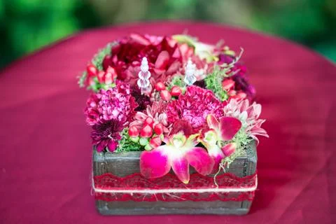 Gift box with flowers on red background Stock Photos