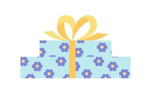 Gift box with flowers. Two blue present boxes with blue flowers and big yellow Stock Illustration